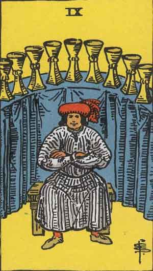 Card for the Week April 8 - 11: Nine of Cups - The Universe is on your side. Make your wish - and trust it's on the way. #thetarotlady #tarotcardmeanings #sixsecondtarot #tarot #weeklytarot #tarotfortheweek