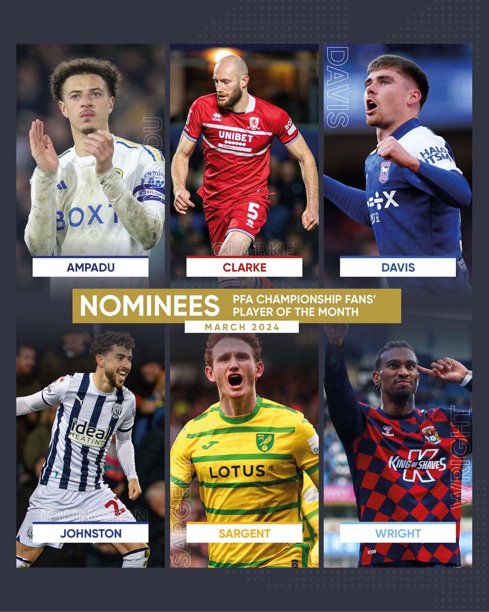 PFA Championship Fans’ Player of the Month nominees 🏆 ⚪️ Ampadu 🔴 Clarke 🔵 Davis ⚪️ Johnston 🔰 Sargent 🔵 Wright 🗳️ Vote here: thepfa.com/fpotm/champion…