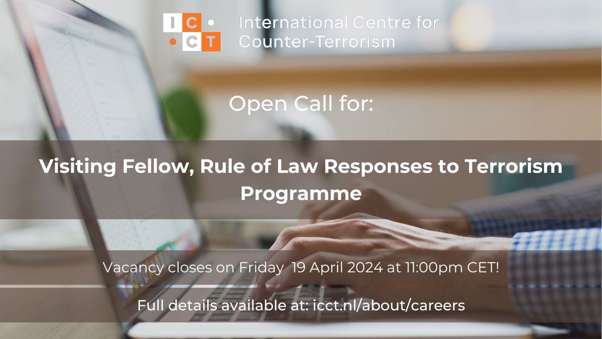 📢 ICCT is looking for a Visiting Fellow to support its Rule of Law Responses to Terrorism Programme Are you a mid-career professional or a researcher who wants to join ICCT for two months to work on a Policy Brief? ➡️Learn more: buff.ly/4aEpJ8X