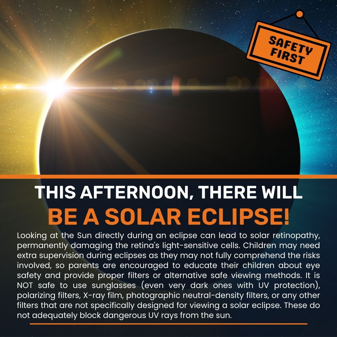 Today a total solar eclipse will take place & be visible in Toronto, ON from approximately 2pm to 4:30pm. The last total solar eclipse, visible in the Toronto region, was 1925. While this marks a moment in history, do not forget to keep safety in mind if viewing the eclipse.