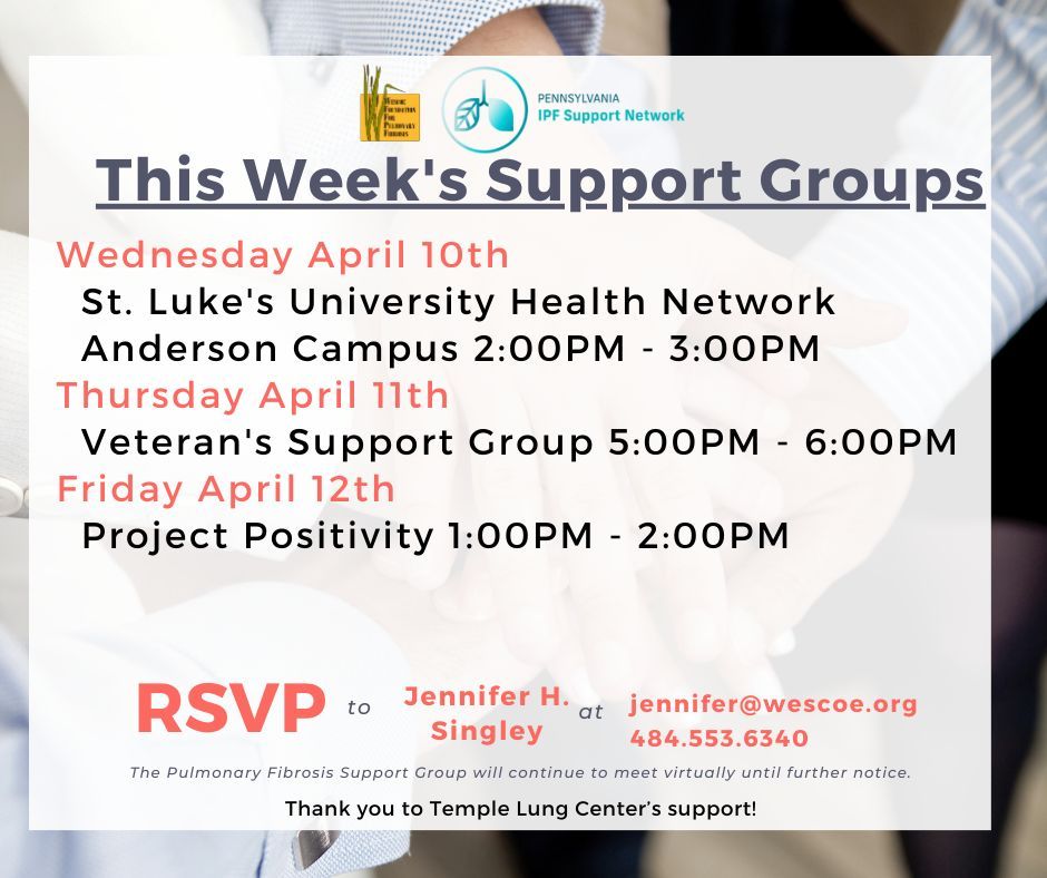 Supportive care, one support meeting at a time. Get connected, be educated and feel supported while navigating #pulmonaryfibrosis #ILD. Learn more about our support groups at wescoe.org/calendar/.