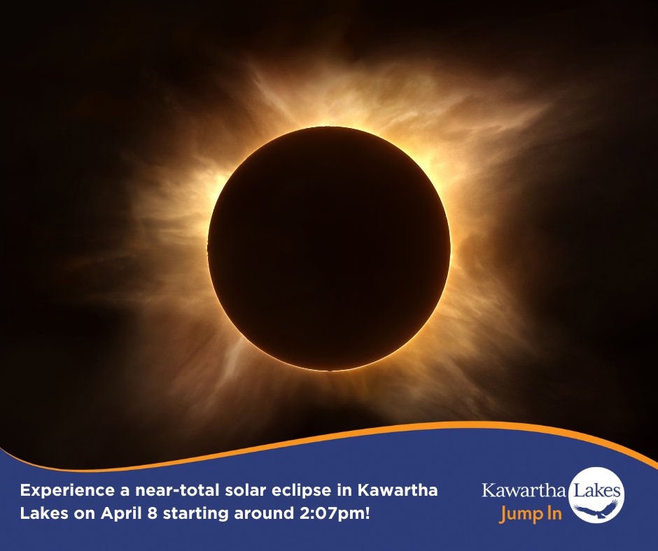Today is the day! Between 2pm and 4:30pm, Ontario will experience a total solar eclipse in some areas. Partial coverage is expected to begin in Kawartha Lakes at 2:07pm, with maximum coverage occurring around 3:21pm. Details and eclipse safety tips: kawarthalakes.me/3PMz8Dj