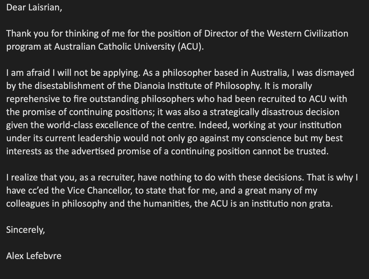 I was invited to apply for the directorship of Australia Catholic University's Program in Western Civilization. Here's my reply. @larkofadefinite @BrianLeiter