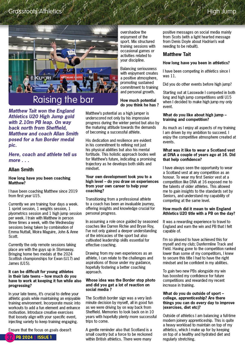 Scottish Athletics PB Magazine Feature. Following on from a successful indoor season, Scottish Athletics reached out to find out more about our current coaching set up. The first time being mentioned within the PB magazine as a coach since retiring from Professional Athletics