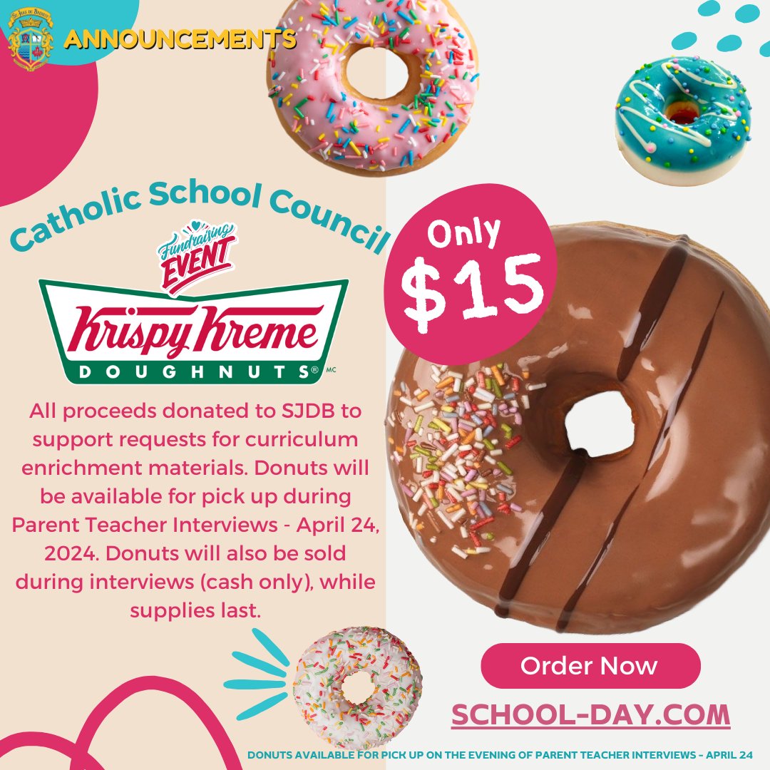 🍩Exciting News!🍩
Get your Krispy Kreme Donuts &amp; support our school!
Pre-order a dzn for $15 @ school-day.com
Pick up April 24, 2024, during Parent-Teacher Interviews. Limited on-site sales avail (cash only). 
Thank you for your support! 
SJDB Catholic School Council