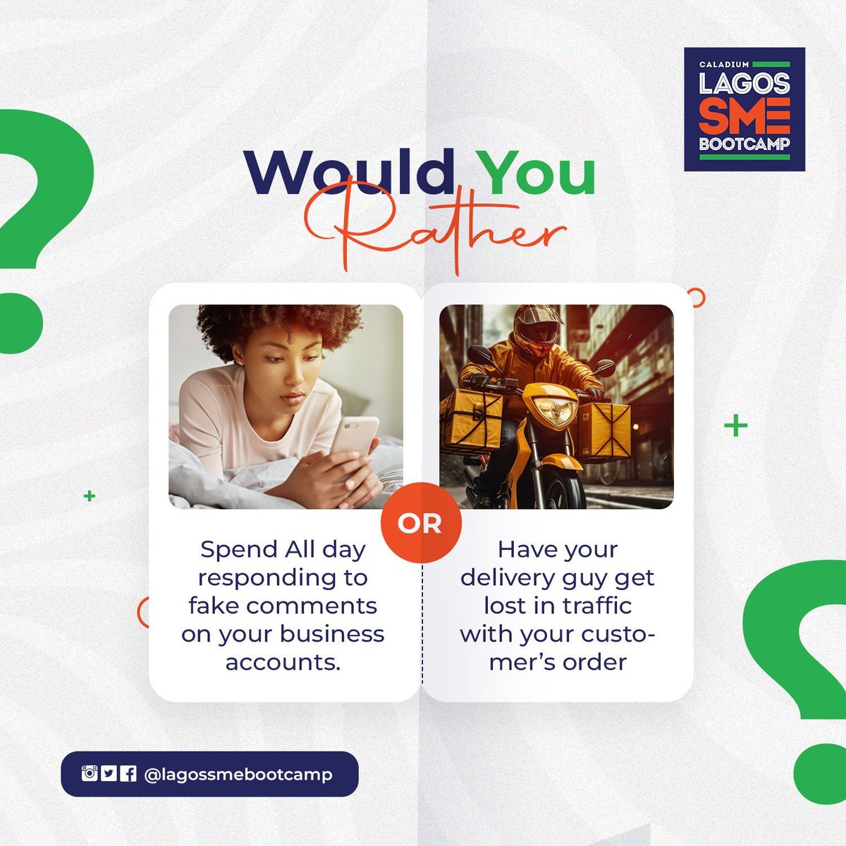 It’s Would You Rather Monday! Which fire would you rather fight first? 🤔 And how will you handle the other issue? Let us know in the comments.👇🏼 #sme #caladiumsme #caladiumsmebootcamp #clsme #lagossme