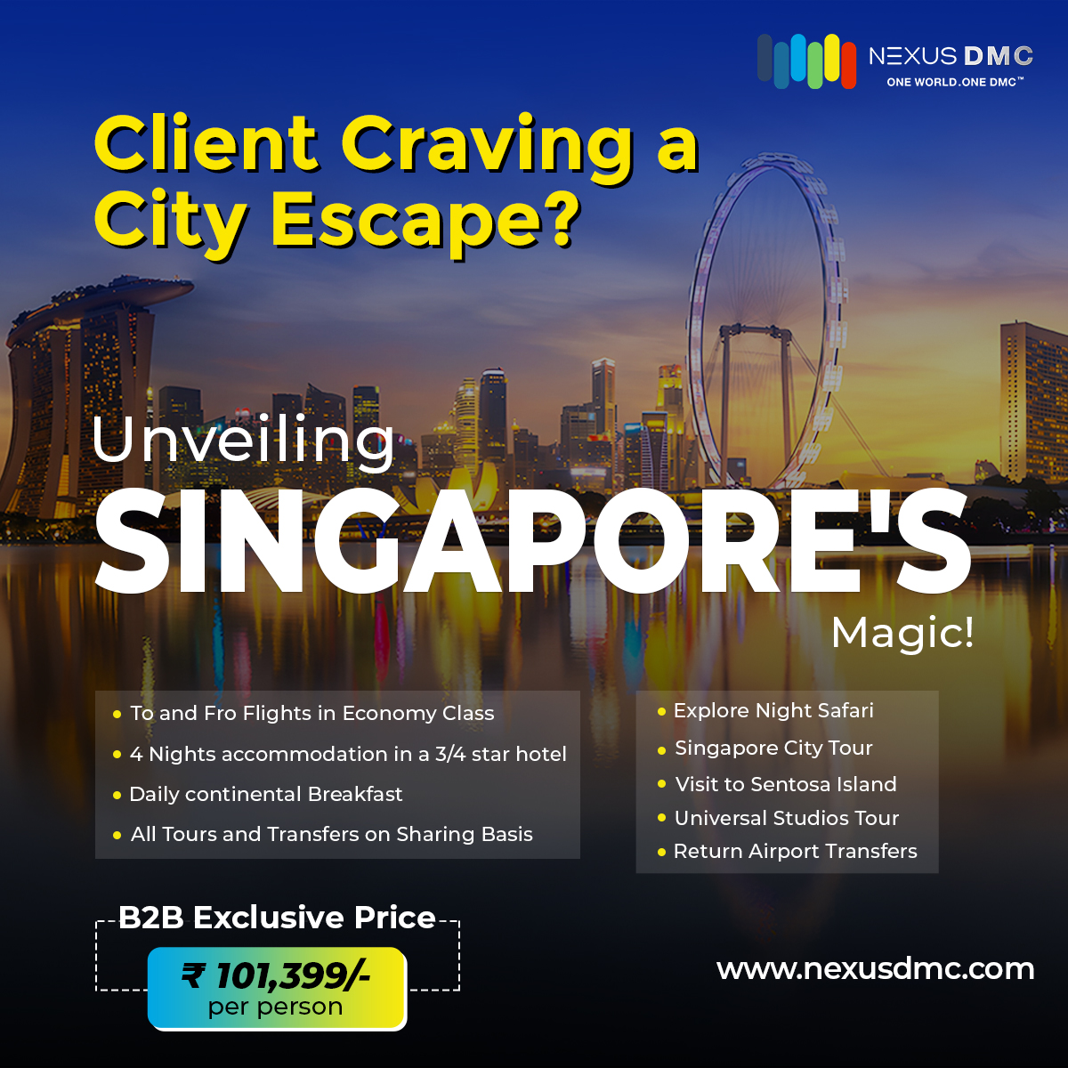 NexusDmc's tweet photo. Indulge in a captivating city escape with our exclusive Singapore package! From enchanting Night Safaris to thrilling Universal Studios tours, immerse yourself in the magic of this vibrant city. 

#NexusDMC #B2BExeclusive #Passport #Itenararies #Clients #Singapore https://t.co/k3jKyZnj6c