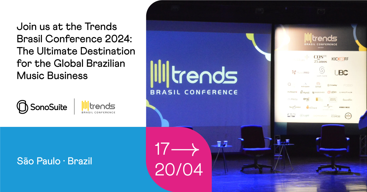 Exciting news! 🎶 Our CEO will be at the <a href="/trendsbrasilcon/">Trends Brasil Conference</a> 2024 in São Paulo from April 17-20.

Looking forward to panels, networking with music professionals, and exploring new business opportunities. Attending too? Let's connect! DM us! 📧🎵🚀

#SonoSuite