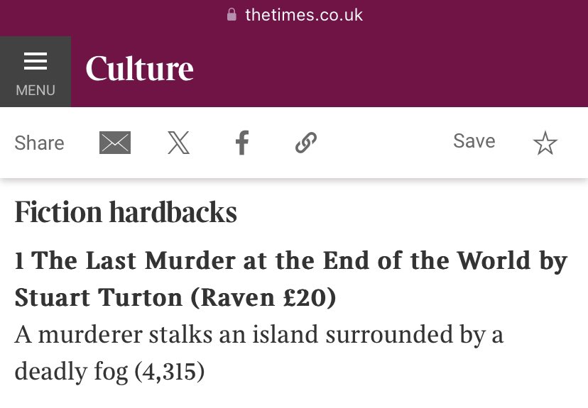 Still gutted that @thetimes didn't print the Bestseller List yesterday. Forget pride, loads of people use it to buy books and that's how I keep my kids in blueberries. If you liked Last Murder please drop it a review, or recommend it. I'll be your best friend. Sincerely, sad Stu.