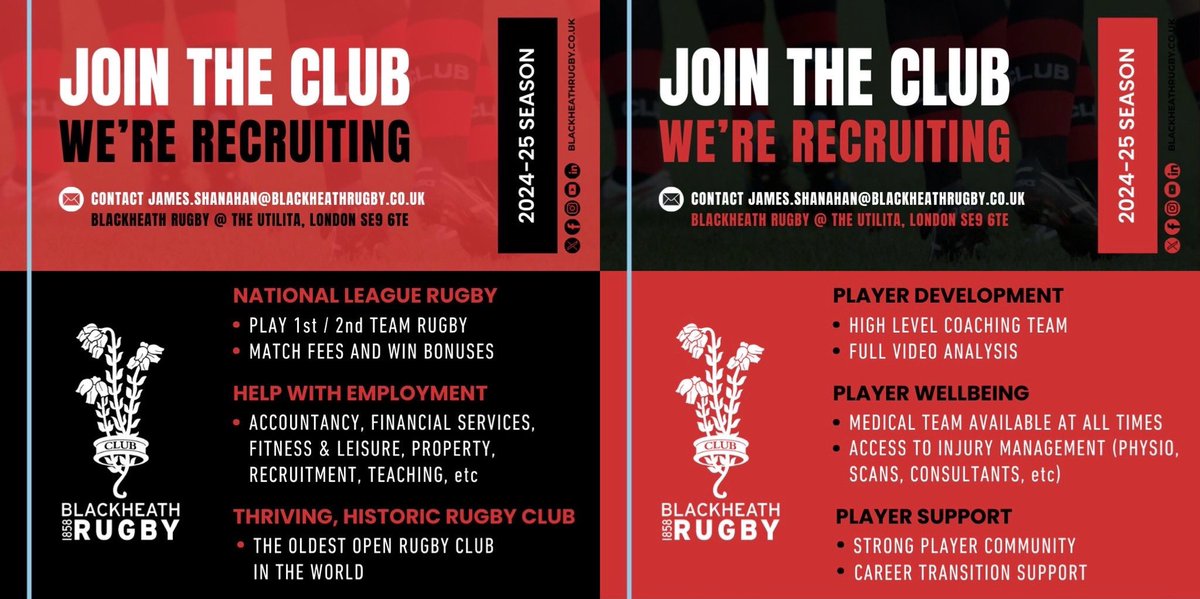 Blackheath Rugby is looking towards the opportunities that 2024-25 will bring, and we hope to add even more breadth and depth to our already strong squad. Benefits include match fees and win bonuses. 

Visit our website for more details blackheathrugby.co.uk/recruiting-202…

#blackheathrugby