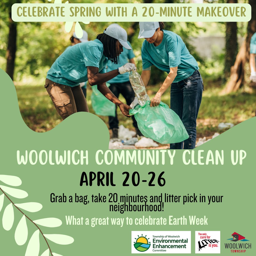 Woolwich Community Clean Up: April 20-26 Red garbage bags and poly gloves available for pick-up at the Breslau Community Centre and Woolwich Memorial Centre from April 15 - 26, while supplies last.