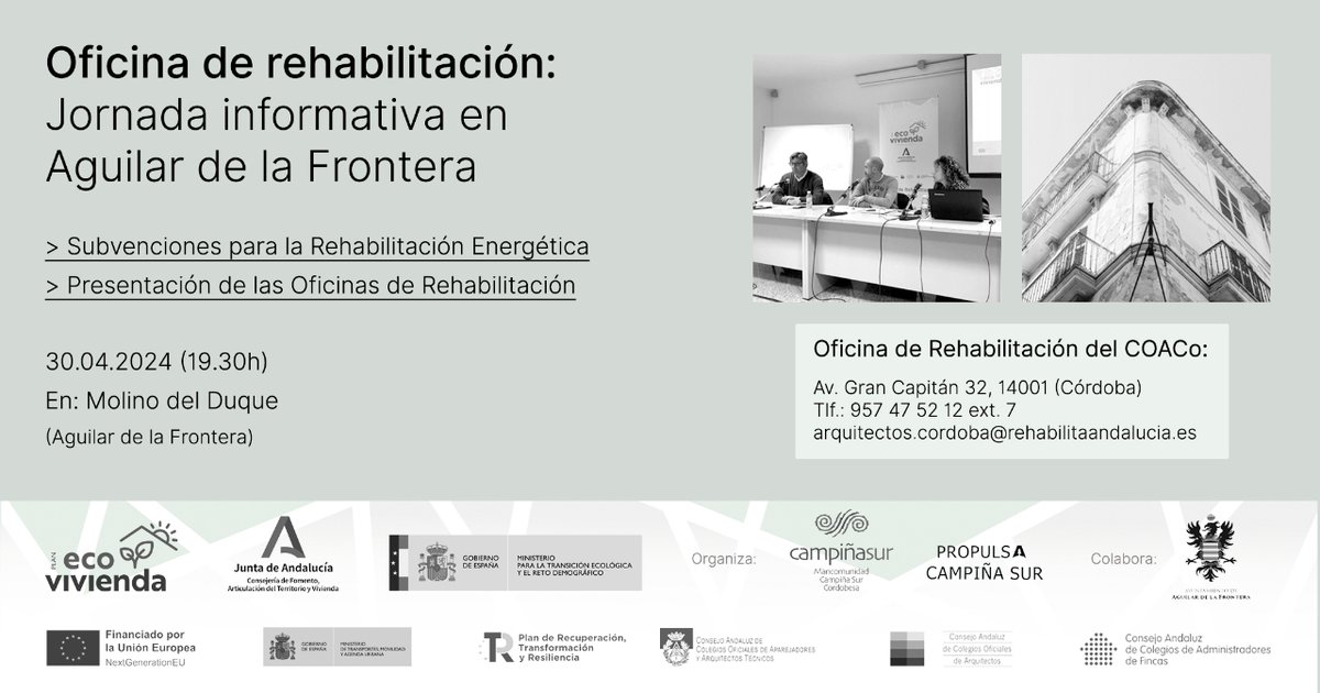 🗓️ El próximo 30 de abril, a las 19.30h, os esperamos en #AguilardelaFrontera con nuestra #OficinaDeRehabilitacion, en una nueva jornada informativa sobre #subvenciones para la #rehabilitaciónenergética y presentación de las Oficinas de Rehabilitación de @rehabilita_and