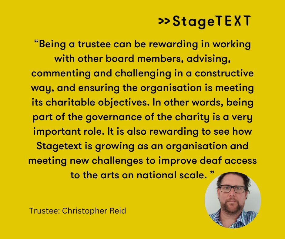 Trustee Christopher Reid tells what he finds fulfilling about being a trustee at Stagetext. If this interests you, why not download our Trustee pack for more information on how to join: ow.ly/5pBw50R9cyn #trustee #CharityTrustee #charity #arts #access