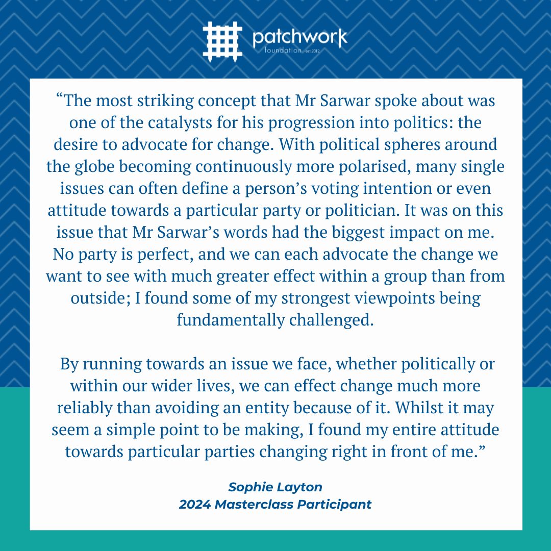 Sophie Layton, a 2024 Masterclass programme participant, reflected on her first Masterclass with Anas Sarwar MSP, Leader of the Scottish Labour Party - read about her takeaways here: patchworkfoundation.org.uk/running-toward…