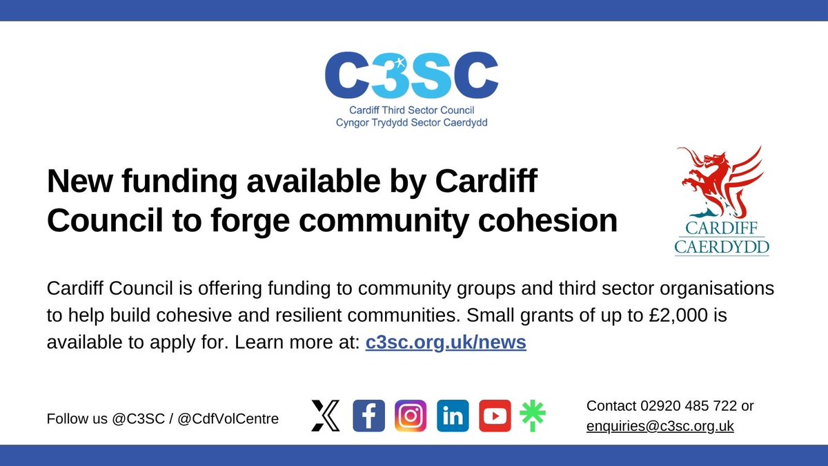 C3SC's tweet photo. .@cardiffcouncil recently announced new #funding available to community groups and third sector organisations with the aim of building cohesive and resilient communities. Up to £2,000 is available to apply for with a deadline of 30 April.

Learn more at: https://t.co/ZqjWr5HiEZ https://t.co/HKg8B0eRXW
