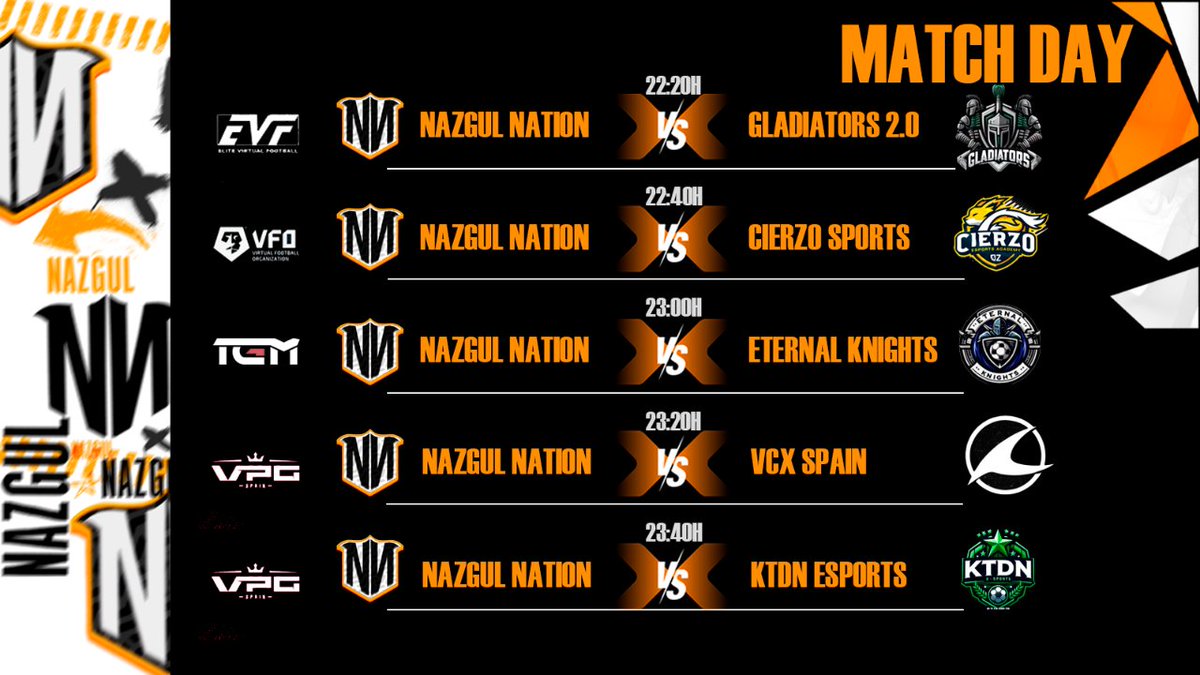 🔶 MATCHDAY 🔶 

Empezamos la semana con los partidos de la #FC24

🏆 @Official_EVF  🆚 <a href="/c_gladiators/">Gladiators</a> 
🏆 <a href="/VFOspain/">VFO España</a>  🆚 <a href="/CierzoEsports/">Cierzo Esports Academy</a> 
🏆 <a href="/LigaTGM/">Liga TGM</a> 🆚 <a href="/EternalKnightsI/">Eternal Knights</a> 
🏆 <a href="/VPG_Spain/">Virtual Pro Gaming España</a> 🆚 <a href="/VCX_Spain/">VCX Spain</a> 
🏆 <a href="/VPG_Spain/">Virtual Pro Gaming España</a>  🆚 <a href="/KTDN_TEAM/">KTDN eSports</a> 

#GoNN #GoNazgul #NagulOnTop