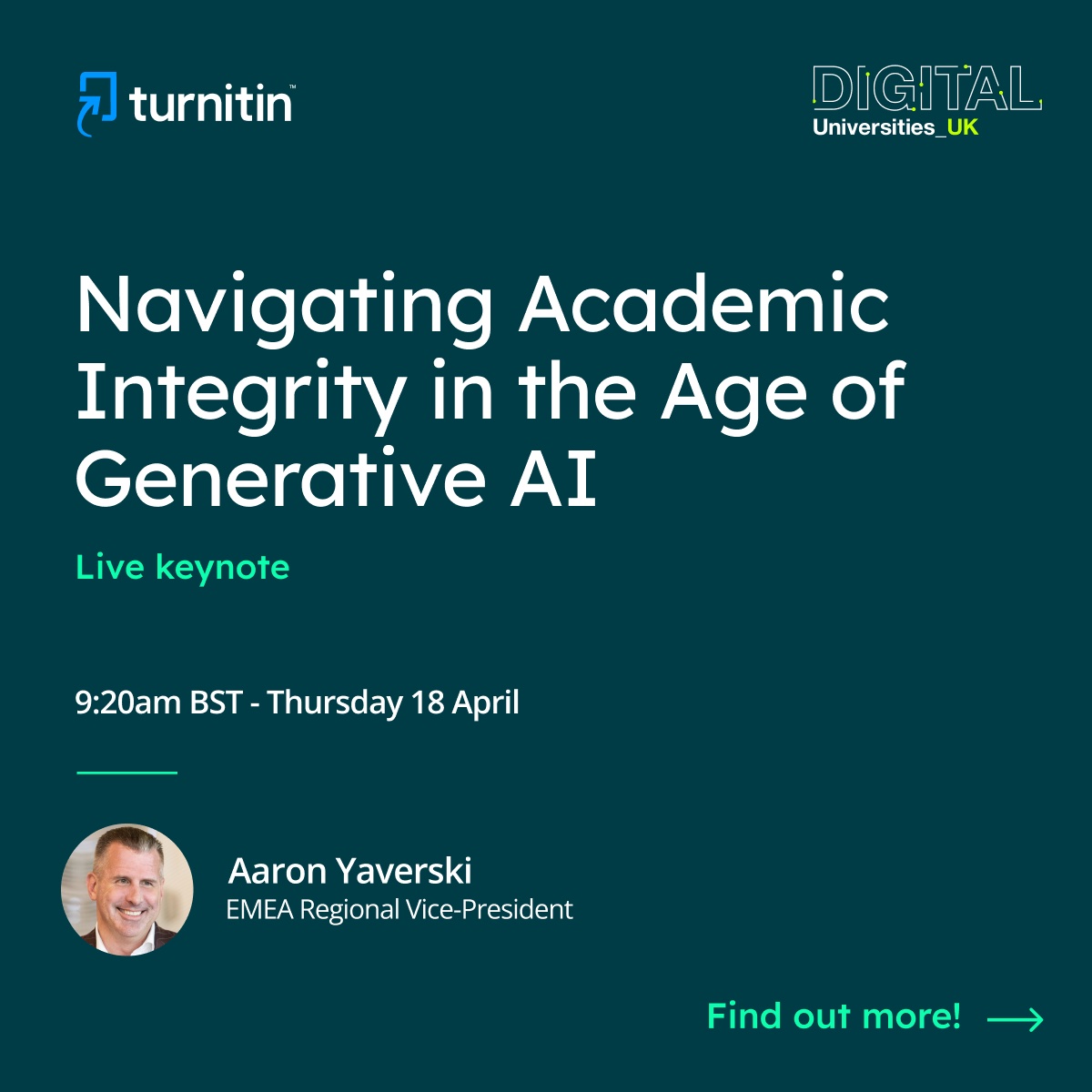 Turnitin's delighted to announce its attendance at @THEeventsglobal's Digital Universities UK as the event's #AcademicIntegrity partner. Hear from Turnitin's EMEA Regional Vice President Aaron Yaverski on academic integrity in the age of #AI. ow.ly/UQUn50R9EXG #THEdigitalUK