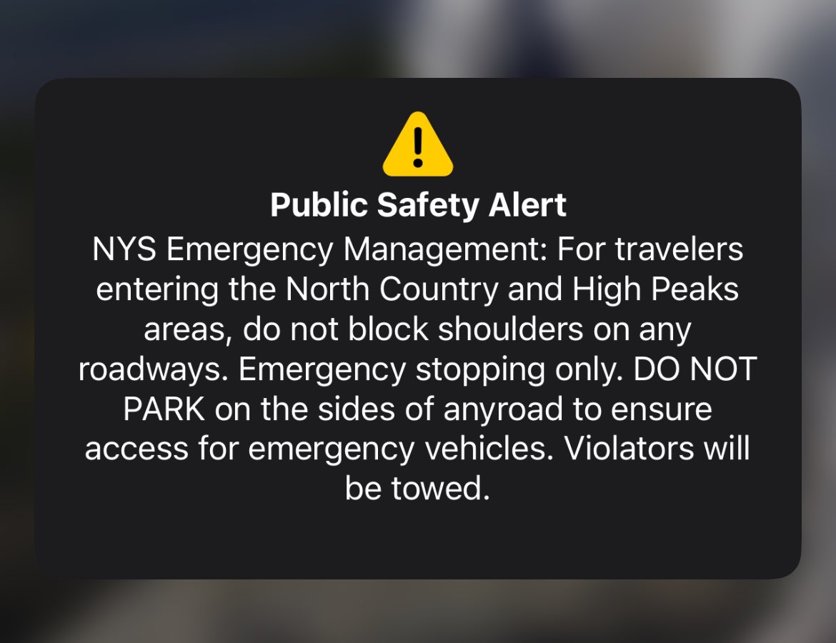 New York sends out emergency alert today, reminding folks in the North Country not to park on any roadways during the busy #Eclipse2024 day.