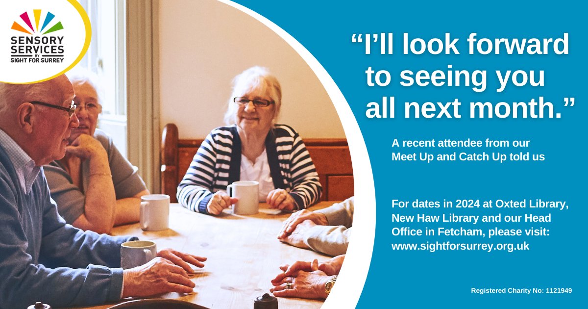 'I'll look forward to seeing you all next month.' A recent attendee at our Meet Up & Catch Up told us.

Our next event is 
@OxtedLibrary THIS Wednesday 10th April, 10am-12pm

Meet fellow locals. Chat over a cuppa to #EndLoneliness.

Find more dates at: sightforsurrey.org.uk/events/meet-up…