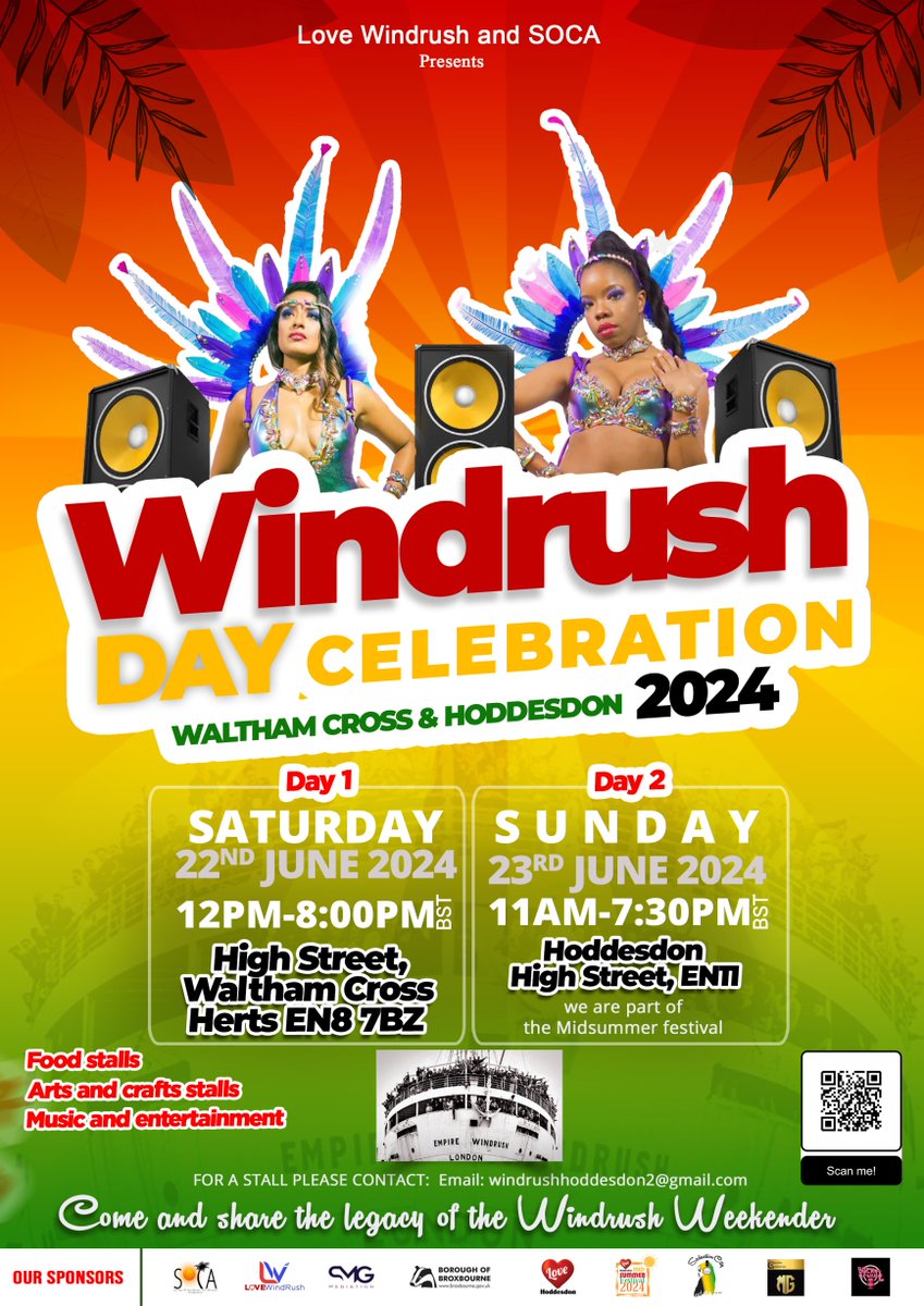 Various celebrations will be taking place across the Borough this year to celebrate Windrush Day 🙌🎉 🗓️ Saturday 22 June 2024, 12pm to 8pm 📍 High Street, Waltham Cross, EN8 7BZ 🗓️ Sunday 23 June 2024, 11am to 7.30pm 📍 Hoddesdon High Street, EN11