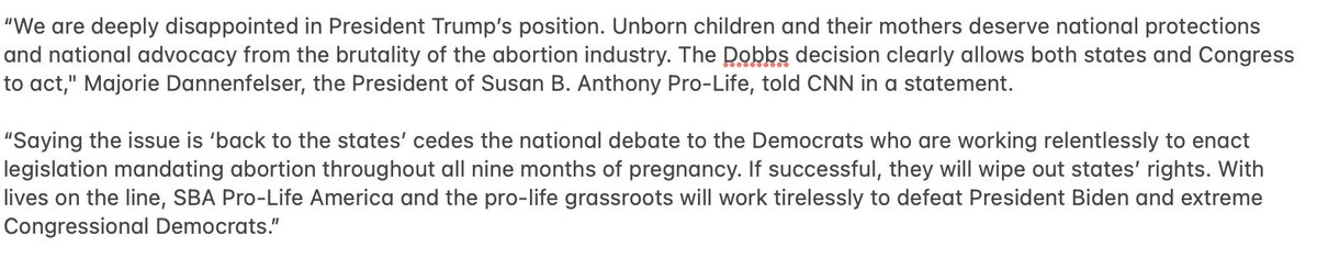 New: Majorie Dannenfelser, President of Susan B. Anthony Pro-Life, says she is 'deeply disappointed in President Trump’s position' “Saying the issue is ‘back to the states’ cedes the national debate to the Democrats,' she said