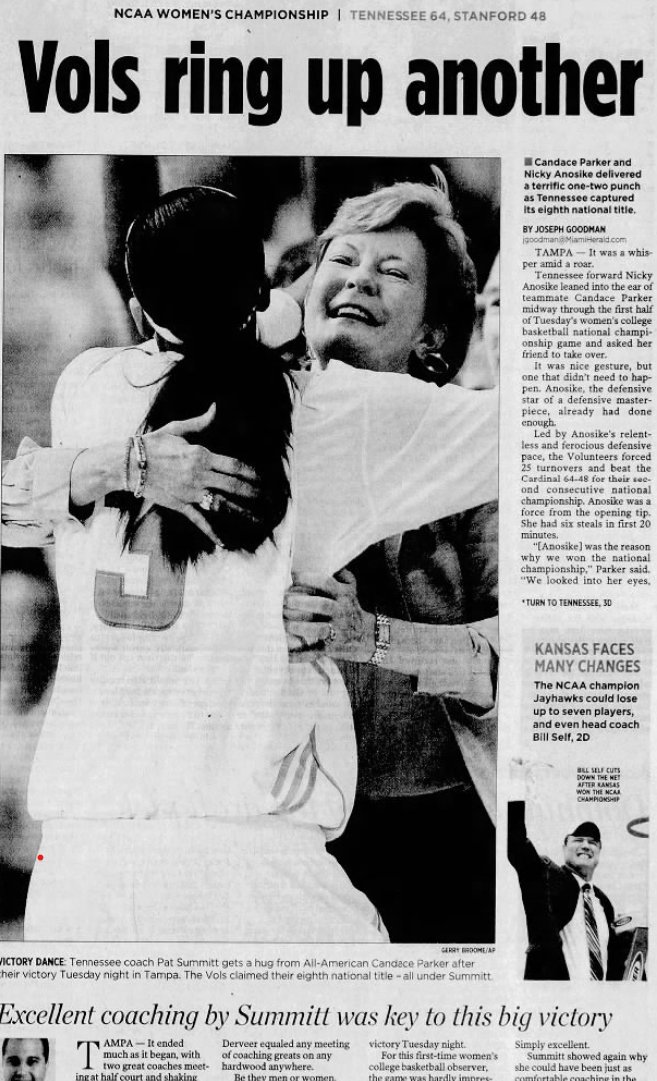 16 years ago today @Candace_Parker led @LadyVol_Hoops to a 2nd consecutive and 8th overall NCAA title with a 64-48 win over Stanford! In front of a sellout crowd of 21,655 fans, MOP Parker had 17 points and 9 rebounds. Nicky Anosike had 12 points, 8 rebounds, and 6 steals.