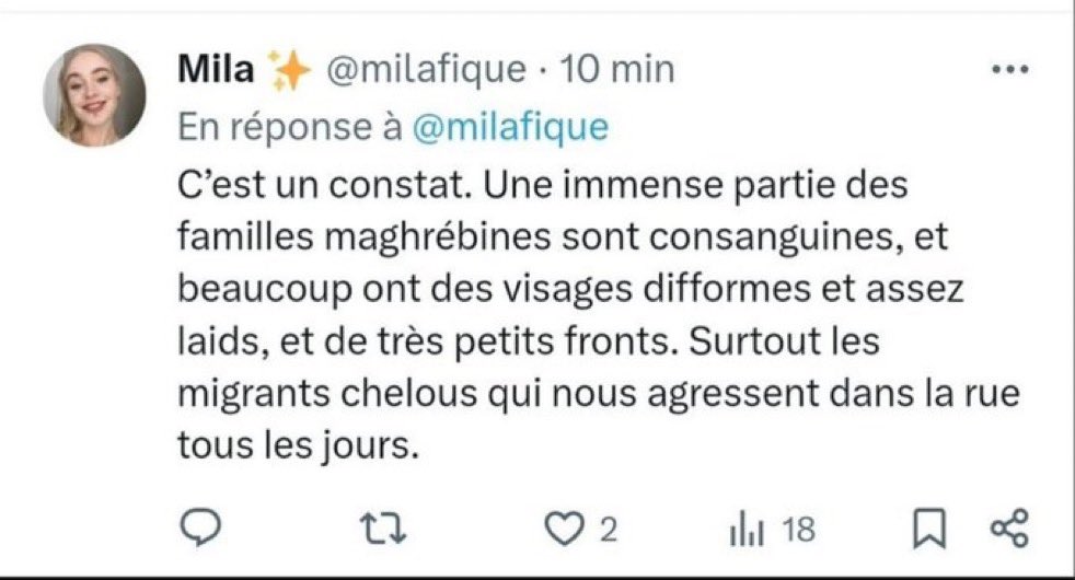 Donc ça , ce serait ça, la défense de laïcité et le droit au blasphème, selon Mila ? C'est du racisme, de la haine pure.