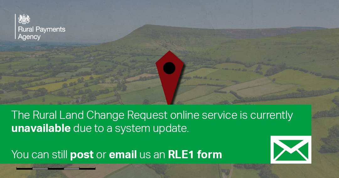 The Rural Land Change Request online service is currently unavailable due to a system update. We apologise for any inconvenience. You can still post or email us an RLE1 form – please read the guidance 👇 gov.uk/government/pub…