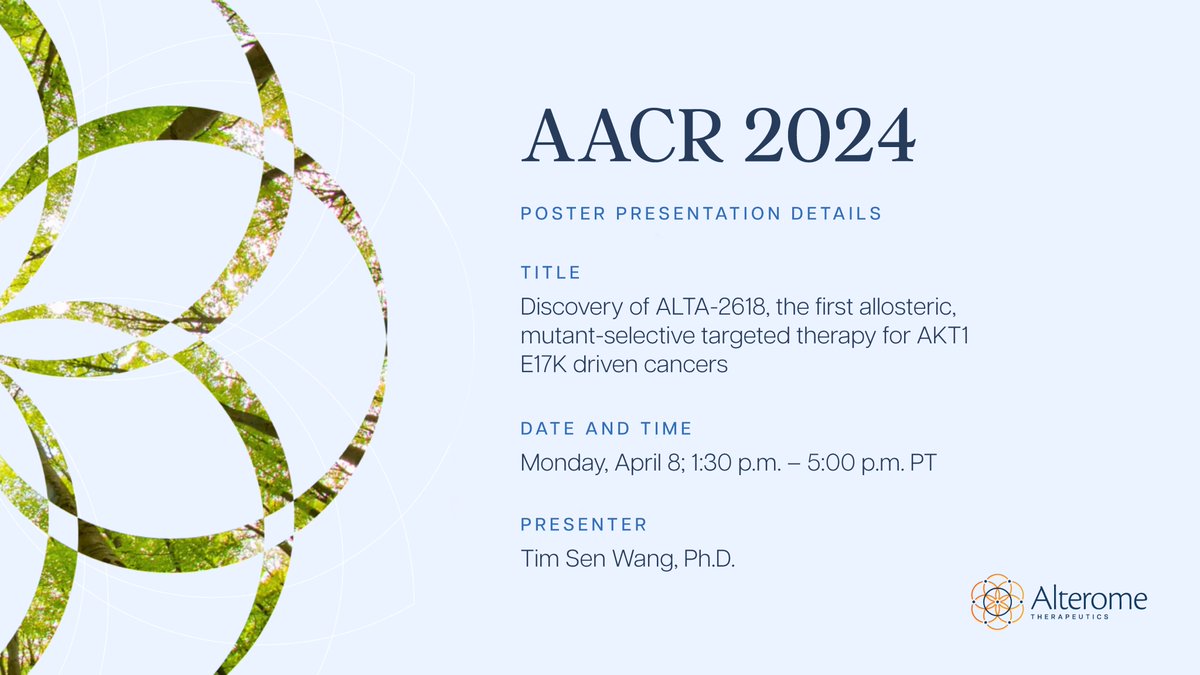 At #AACR24 today, Alterome is presenting preclinical data supporting the development of our AKT1 E17K mutation-selective inhibitor, ALTA-2618. Full press release: bwnews.pr/49rQpsG