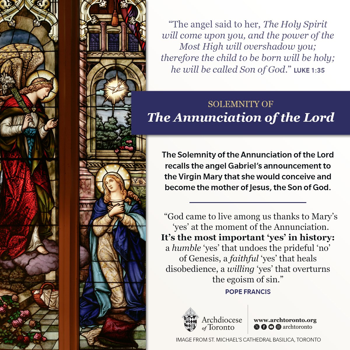 The Solemnity of the Annunciation of the Lord recalls the angel Gabriel’s announcement to the Virgin Mary that she would conceive and become the mother of Jesus, the Son of God. #HailMary
