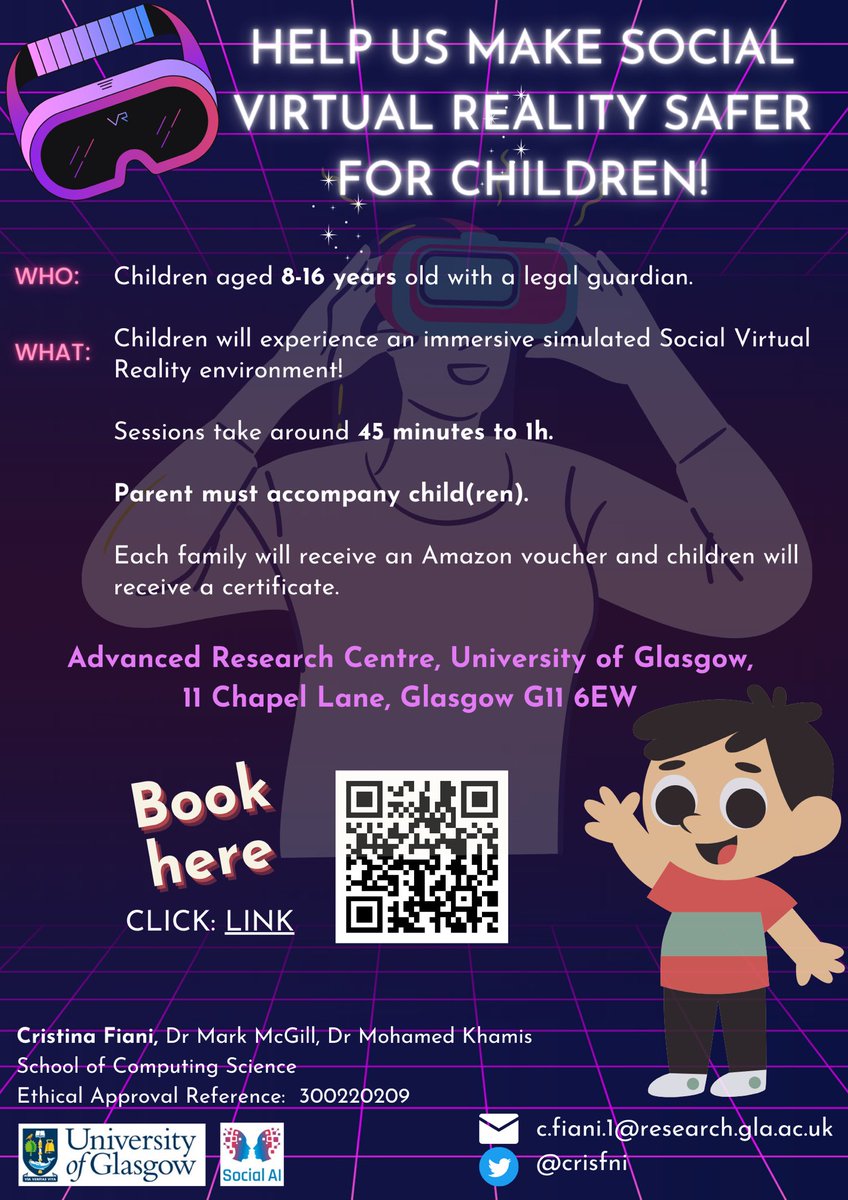 🌟 Calling all Parents & Guardians! Your Child (aged 8-16yo) Can Help Us Shape Safer Social VR Spaces! 🌟 Children are invited to a social VR interactive and engaging activity at the Advanced Research Center (UofG). Sign up via: calendly.com/cfiani/vr-chil…