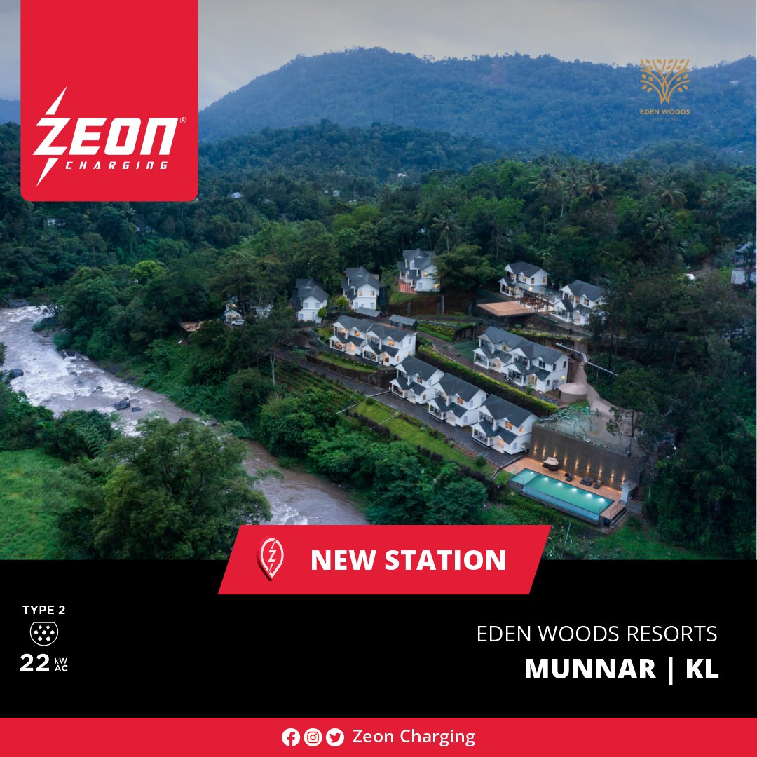 New Charging Station! Eden Woods Resorts & Spa Muthirapuzhayar Rd, Munnar, Kerala | 22kW AC TYPE 2 Charger, bit.ly/3VMwh0X 📍 Distances to key destinations • Madurai - 156 kms • Kottayam - 124 kms • Kochi – 116 kms • Dindigul – 154 kms • Coimbatore – 171 kms…