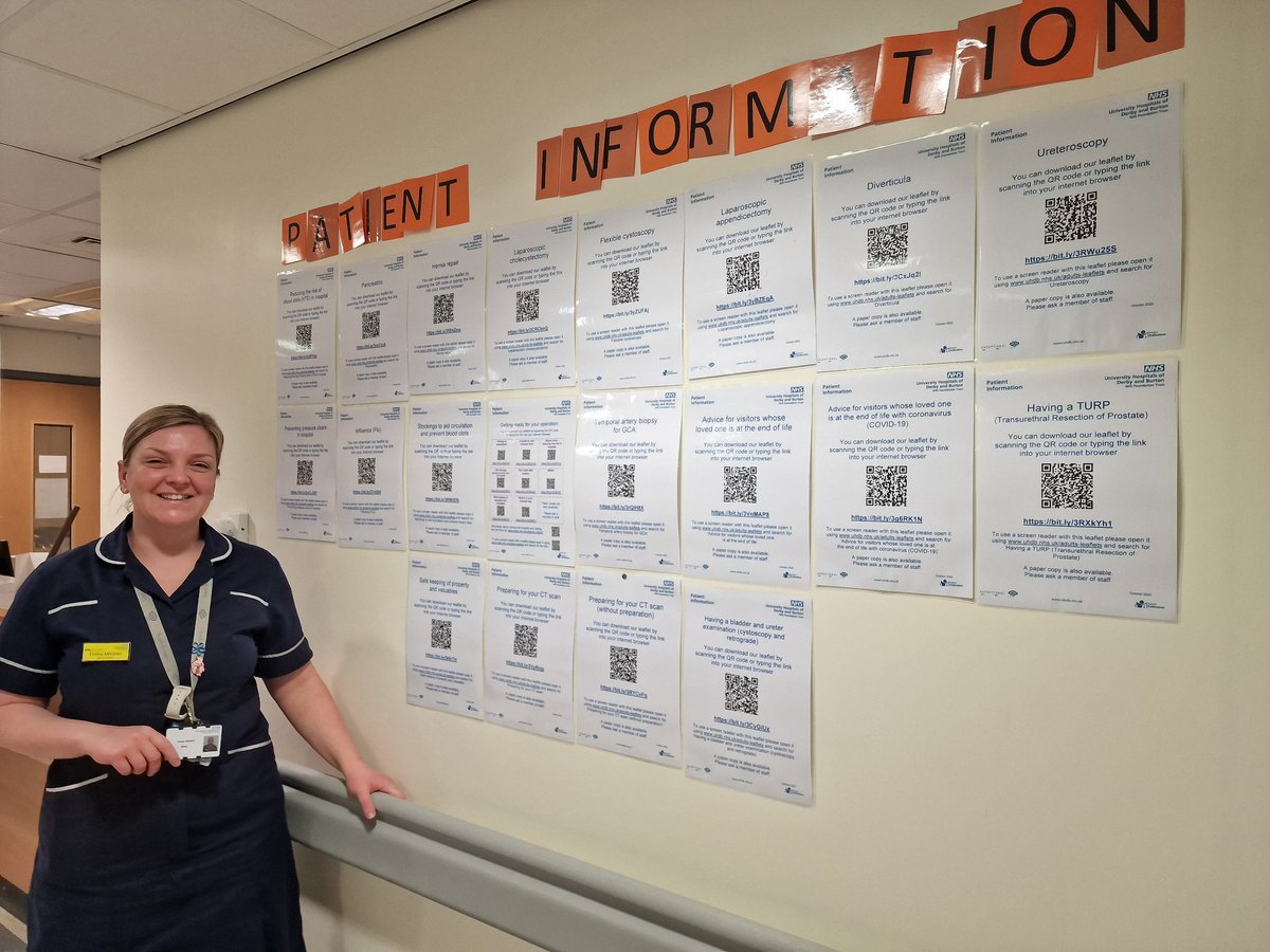 Nice catch up with Emma Mitchell, Senior sister SAU/SDEC @UHDBTrust. Loved the innovative #patients Information board. Scan the QR codes to get patient leaflets on surgical conditions. Back up paper copies if needed. Pop in, could you adopt in your department? #sharedlearning