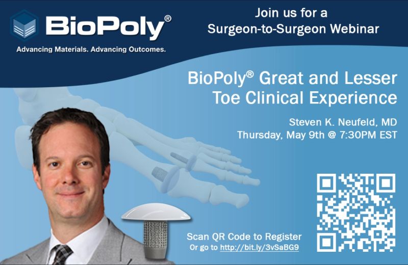 We are pleased to have Dr. Neufeld share his clinical experience.

Scan the QR Code or register here: bit.ly/3vSaBG9

#biopoly #surgeonwebinar #syntheticcartilage #clinicalresults #motionpreservation #refuse2fuse #choosetomove #patientsatisfaction #signuptoday