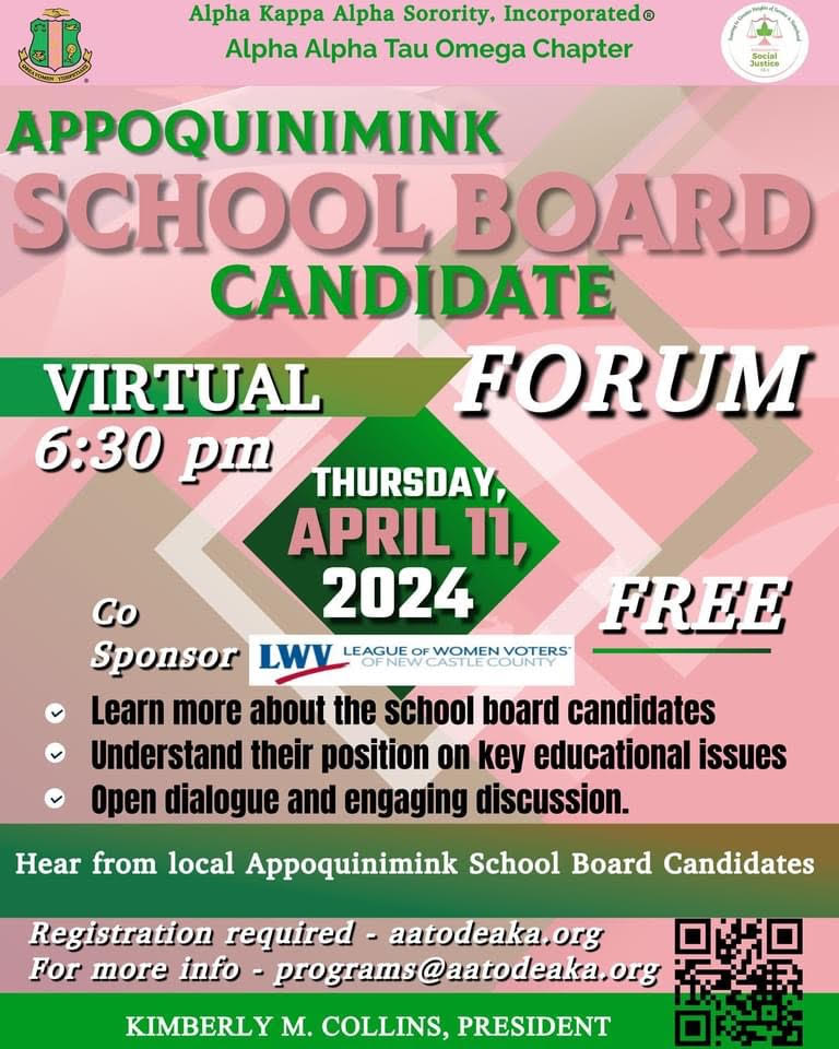 Our NCC League is co-sponsoring this April 11 AKA online forum for Appoquinimink school board candidates. Get ready to vote, Delaware! School board elections are May 14th, 2024. Appo has 4 candidates for one open seat. Register for the forum here: aatodeaka.org/content.aspx?p…