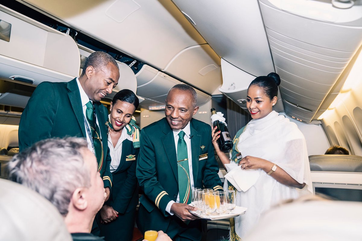 Marking the 78th year of its epic journey to what it has become today: Africa's largest airline, @flyethiopian celebrated the milestone with CEO Mesfin Tassew & CCO Lemma Yadecha taking a flight to Cairo in an unconventional, yet inspiring, roles: serving passengers as cabin crew