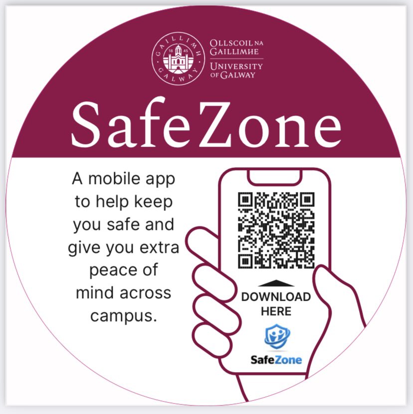 Safe Zone is an app created with the intention of ensuring your safety and providing you with additional peace of mind while on the @uniofgalway Campuses. Find out more information about the application here: tinyurl.com/3z89yhtk #SafeZone #StaySafe