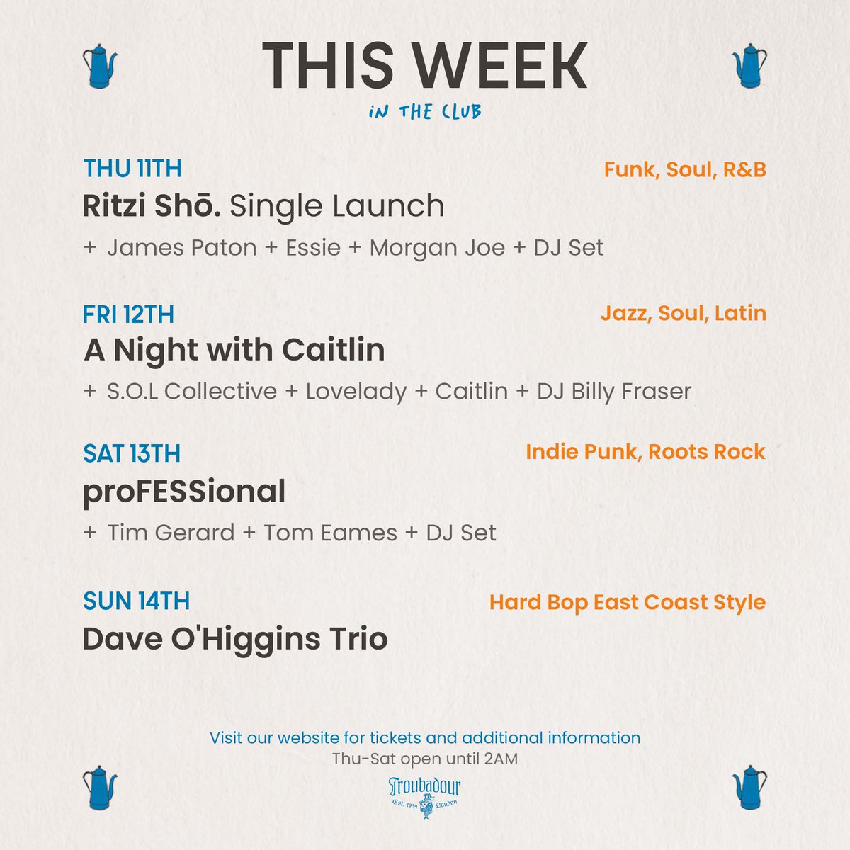 Check out this week's lineup - with a variety of genres, there's something for everyone! Don't miss out—secure your spot now! 🎟️🎶 #troubadourlondon #earlscourt #londonnights #thisislondon #londonmusic #londonclub #swlondon