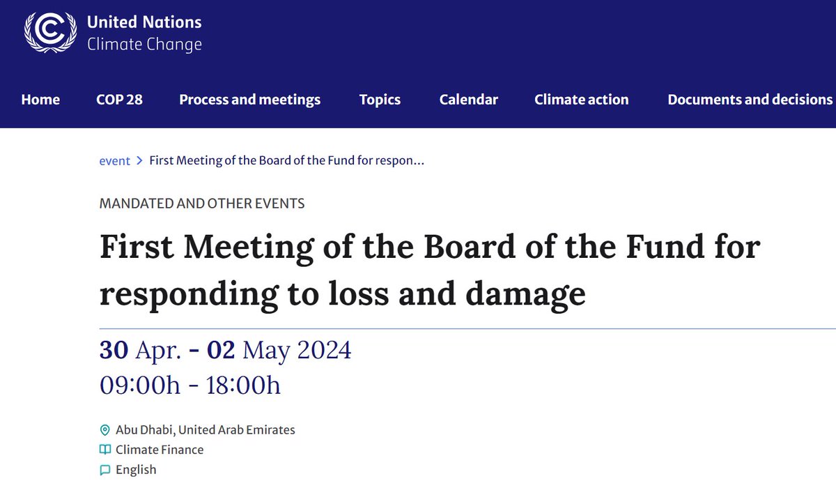 What's next for the Loss and Damage Fund? 🧵 After more than three decades, #COP27 marked a breakthrough by establishing the Fund, which was then operationalised at #COP28. The first Board meeting is scheduled from 30 April to 2 May in Abu Dhabi. unfccc.int/event/first-me… 1/4