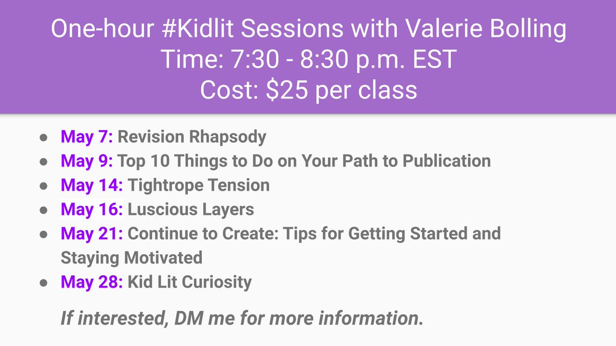 Do you want to learn more about creating books for children? Join my one-hour VIRTUAL workshops in May, 7:30 – 8:30 pm EST. If you’re interested, please DM me for more information. @KidlitInColor @Soaring20sPB @12x12Challenge @HighlightsFound #kidlit #WritingCommunity