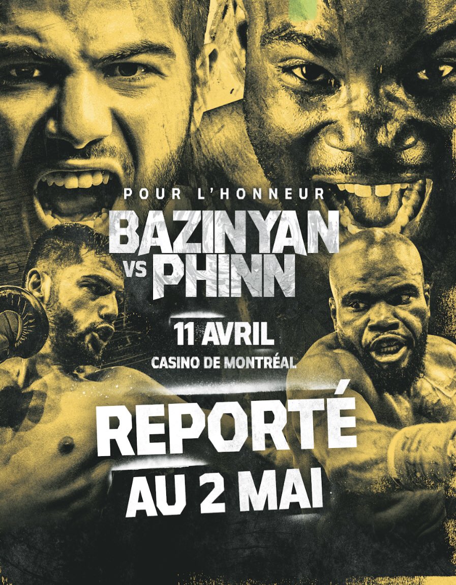 ❌REPORTÉ AU 2 MAI

Le gala mettant en vedette Erik Bazinyan VS Shakeel Phinn est reporté au 2 mai.

@EOTTM11 #boxe #boxing #boxequebecoise