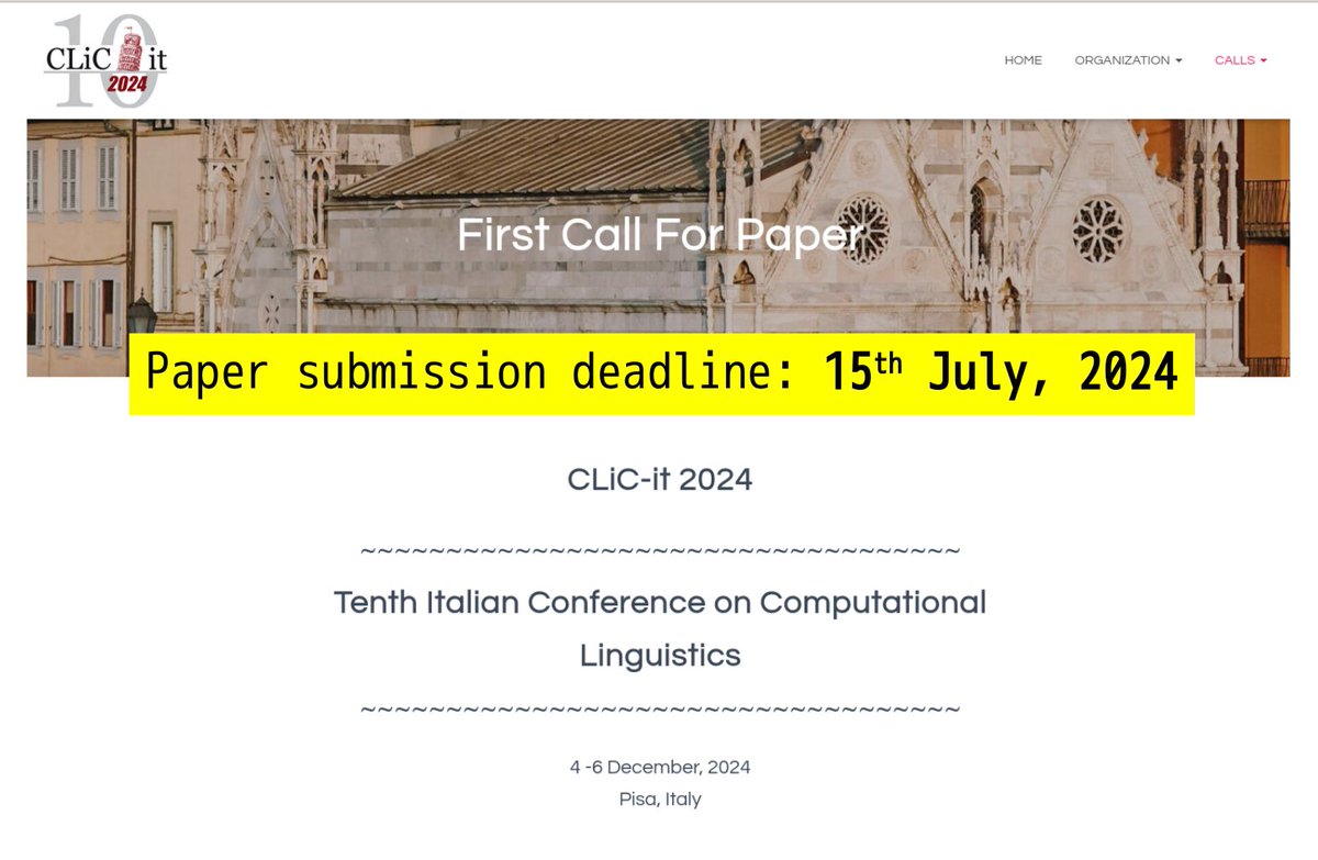 The first #CFP of #clicit2024 is out! Make sure to check it out: clic2024.ilc.cnr.it/first-call/ - Paper submission deadline: 15/07/2024 #NLProc @AILC_NLP
