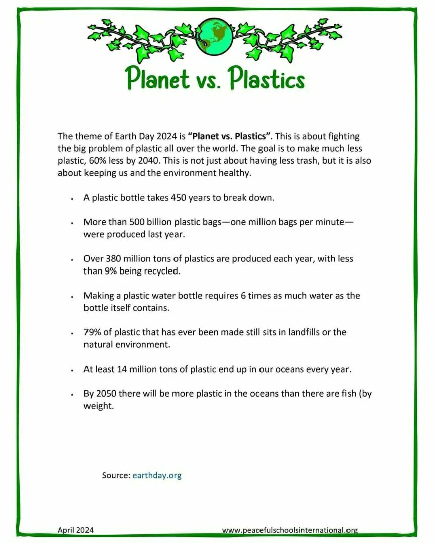Our monthly peace activity for April. Celebrate Earth Week 2024: Planet vs Plastics.
This year marks the 54th anniversary of Earth Day as established in 1970 by U.S. Senator G. Nelson. This year, Earth Day is Monday, April 22 and Earth Week is from April 21 – 28.