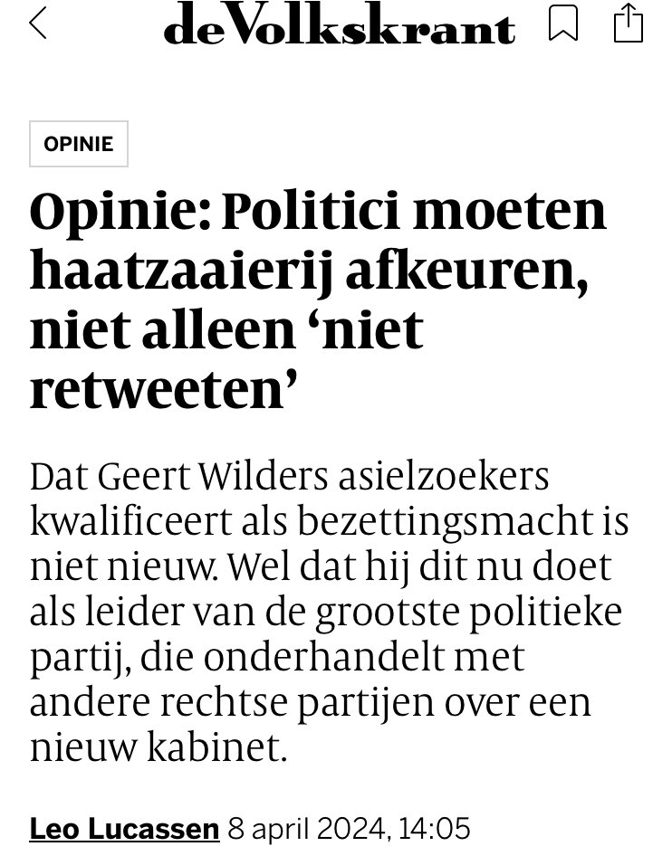 Over Wilders ‘we worden bezet’ retoriek: waarom dat levensgevaarlijke onzin is en politici zich hier fundamenteel tegen teweer moeten stellen. Mijn opinie morgen in de papieren krant. volkskrant.nl/columns-opinie…