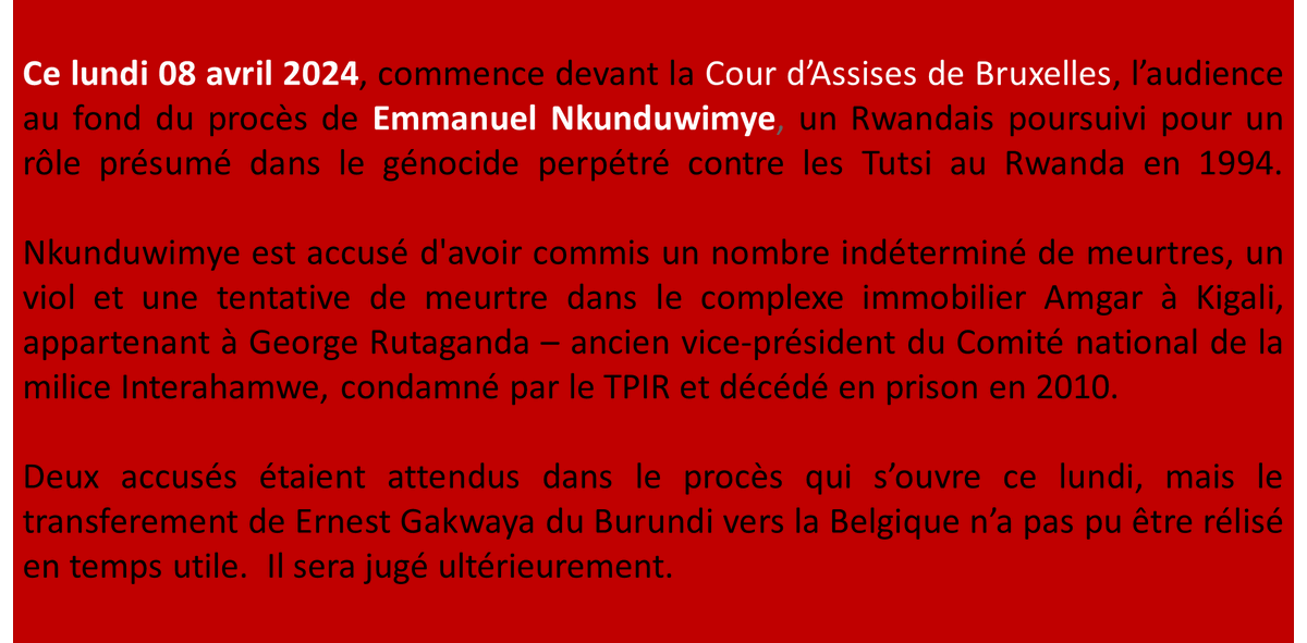 Cour d'Assises de Bruxelles, 8/4/2024 - Un nouveau procès lié au #Génocide perpétré contre les #Tutsi: <a href="/RcnRwanda/">RCN Justice & Démocratie, Rwanda</a>,<a href="/AMI_Ubuntu/">ASSOCIATION MODESTE ET INNOCENT (AMI)</a>,<a href="/paxpressrwanda/">PAX PRESS RWANDA</a>, <a href="/haguruka_ngo/">HAGURUKA-NGO</a>, informent les populations <a href="/Rwanda/">rwanda</a>,en partenariat avec <a href="/Unity_MemoryRw/">Ministry of National Unity and Civic Engagement</a> et grâce au soutien de <a href="/BelgiumRwanda/">Embassy of Belgium in Rwanda</a>,<a href="/ambafrancerwa/">Ambassade de France au Rwanda 🇫🇷🇪🇺</a>