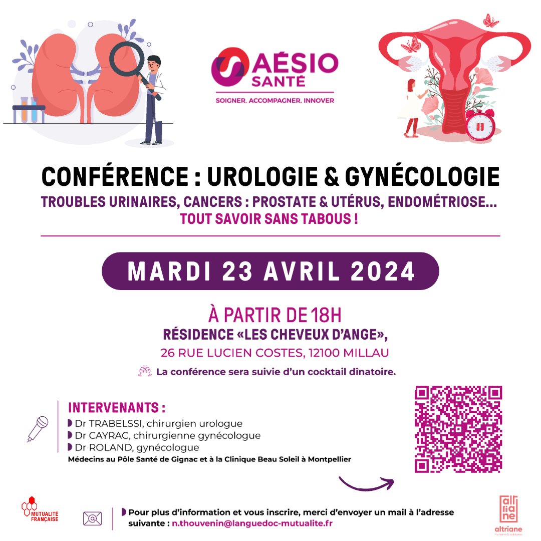 JM_Gaffard's tweet image. 📅 Le 23 avril 2024, à partir de 18h, les gynécologues et urologues du pôle santé de Gignac et de la clinique Beau Soleil @AesioSante seront à Millau pour une conférence urologie et gynécologie, gratuite et ouverte à tous. En savoir plus : aesio-sante.fr/cliniquebeauso…