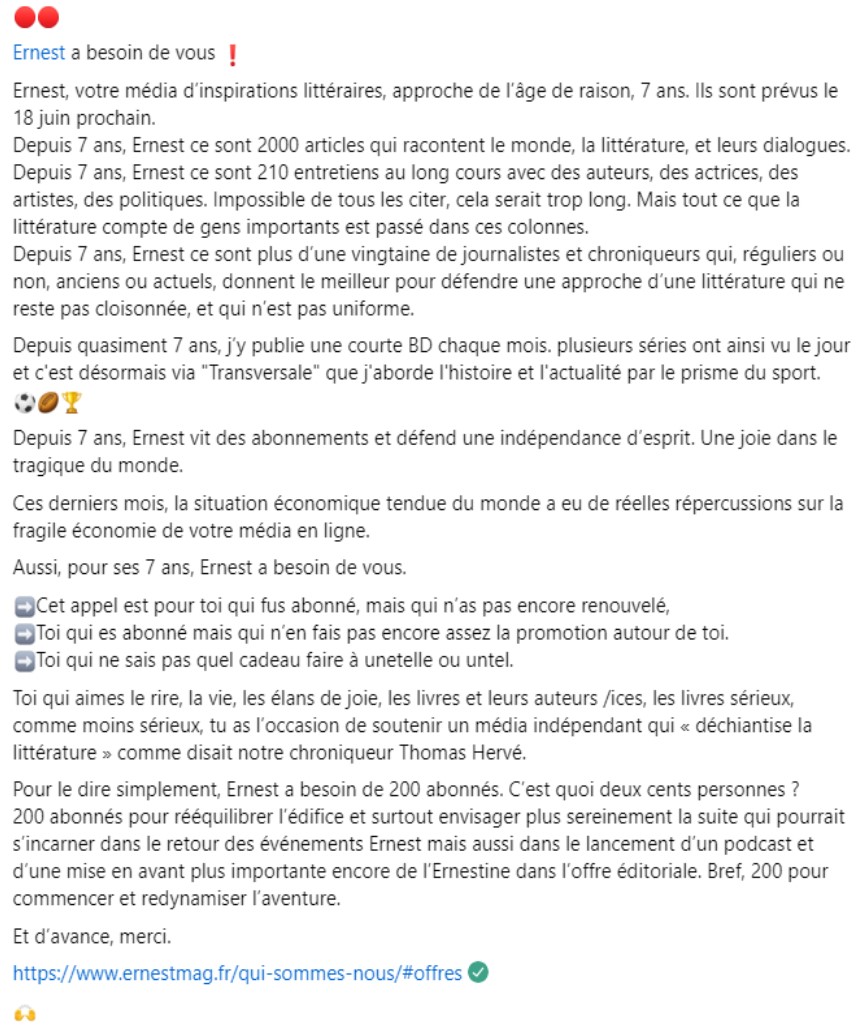 <a href="/ErnestLire/">ERNEST</a> a besoin de vous !
&gt;ernestmag.fr/qui-sommes-nou…
🙌