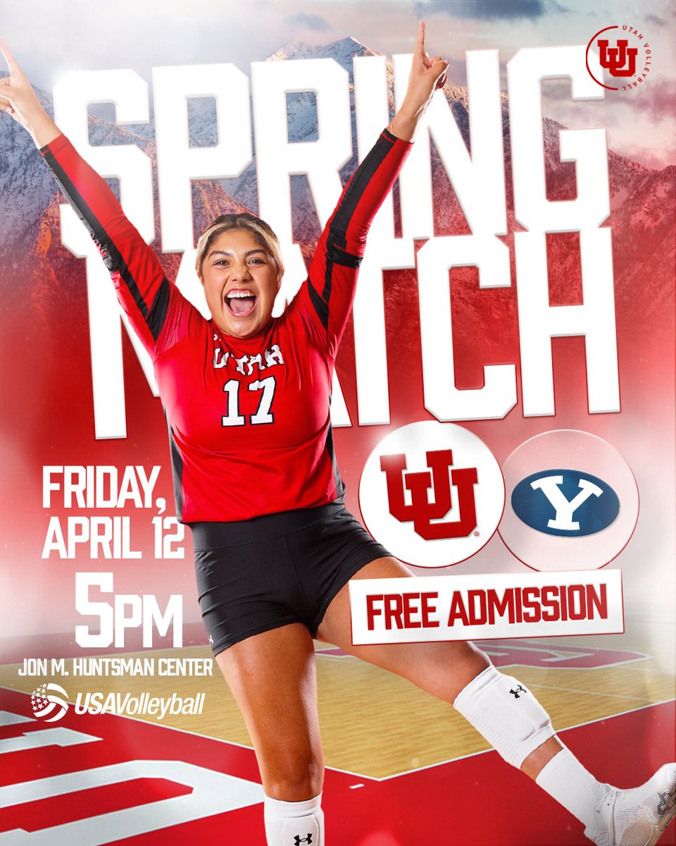 We're back in the Huntsman Center this week‼️ Join us at 5PM as we take on BYU for our final spring match 🙌 FREE ADMISSION 🗓 Friday, April 12 ⏰️ 5️⃣PM #GoUtes