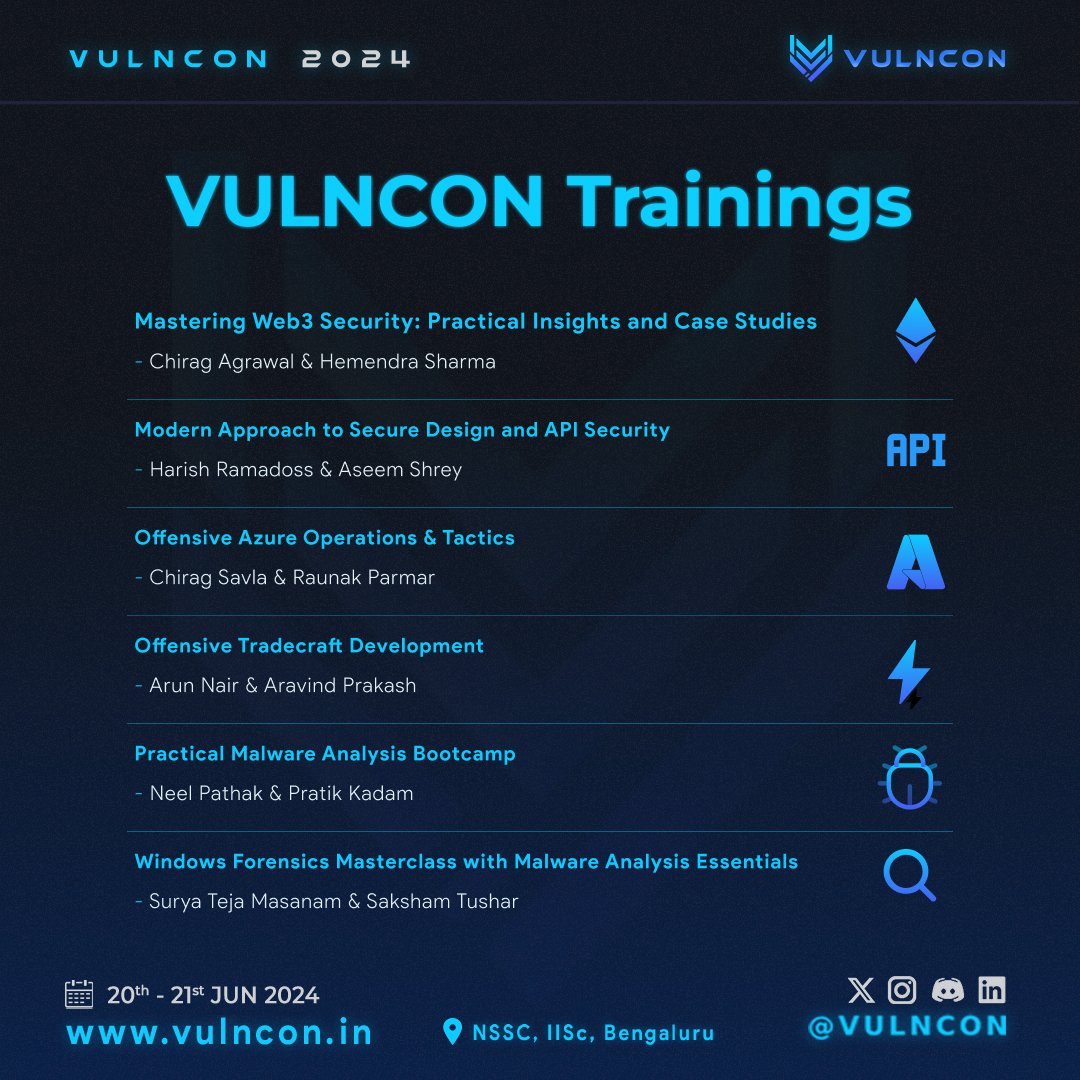 Hello Folks!!

With #VULNCON 2024 just around the corner, check out the list of trainings available at VULNCON 2024 🎯

Whether you're a #Redteamer, #developer, #malwareresearcher, #bughunter, #appsecengineer or the #forensics expert, we have something tailored for you 🙌

Don't