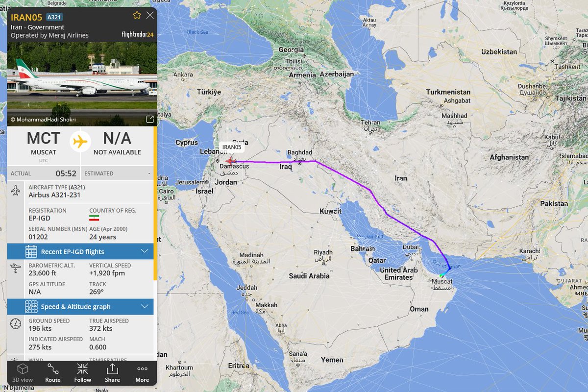 Iranian government A321 [EP-IGD] arriving in Damascus from Oman this morning fr24.com/data/aircraft/…